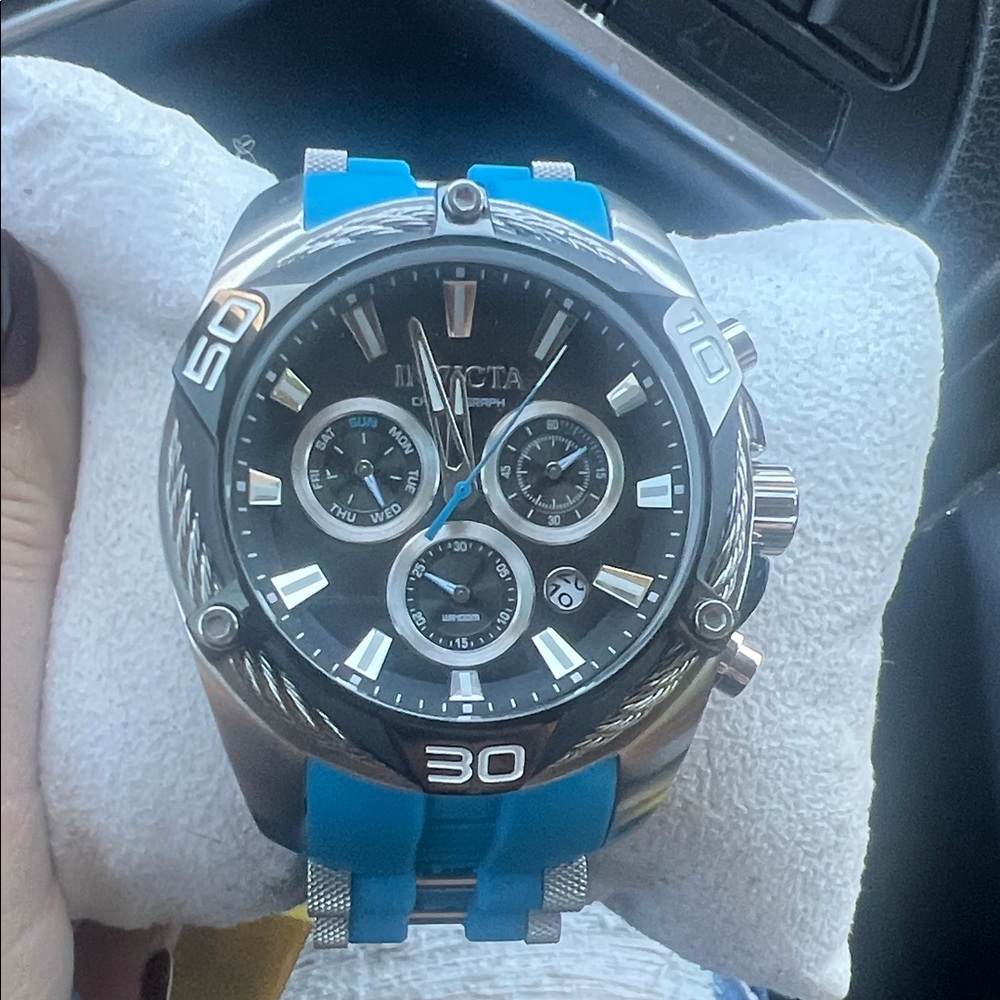 Invicta Black Dial Chronograph Watch with Blue and Yellow Accents